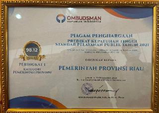 Pemprov Riau Raih Peringkat Pertama Kepatuhan Pelayanan Publik 2021