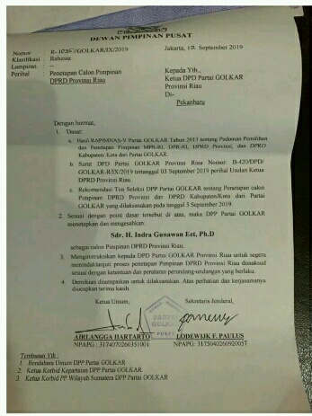 DPP Partai Golkar Percayakan Indra Gunawan Pimpin DPRD Riau