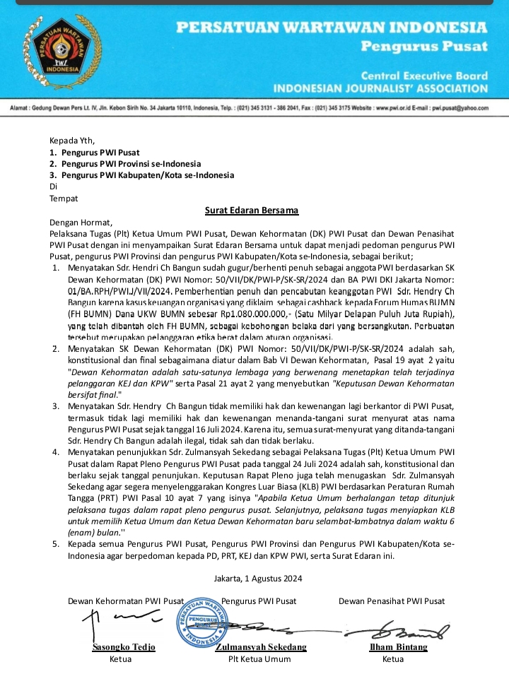 PWI Pusat Cabut Keanggotaan Hendry Ch Bangun Akibat Kasus Dana UKW BUMN