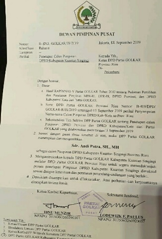 Sah, Golkar Tunjuk Andi Putra Jadi Ketua DPRD Kuansing