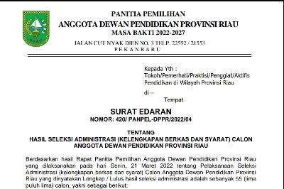 55 Peserta Calon Dewan Pendidikan Provinsi Riau Dinyatakan Lulus Administrasi