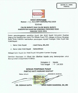 Andi Putra-Suhardiman Makin Pede Maju di Kuansing Setelah Terima SK dari HANURA 