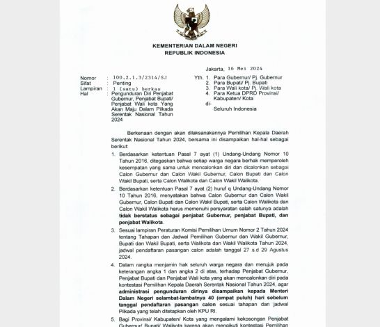 Penjabat Kepala Daerah Maju Pilkada 2024 Wajib Mundur 40 Hari Sebelum Pendaftaran