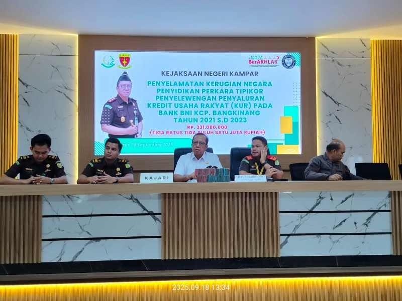 Dijadikan BB, Kejari Kampar Sita Rp331 Juta Dugaan Korupsi KUR bank BUMN