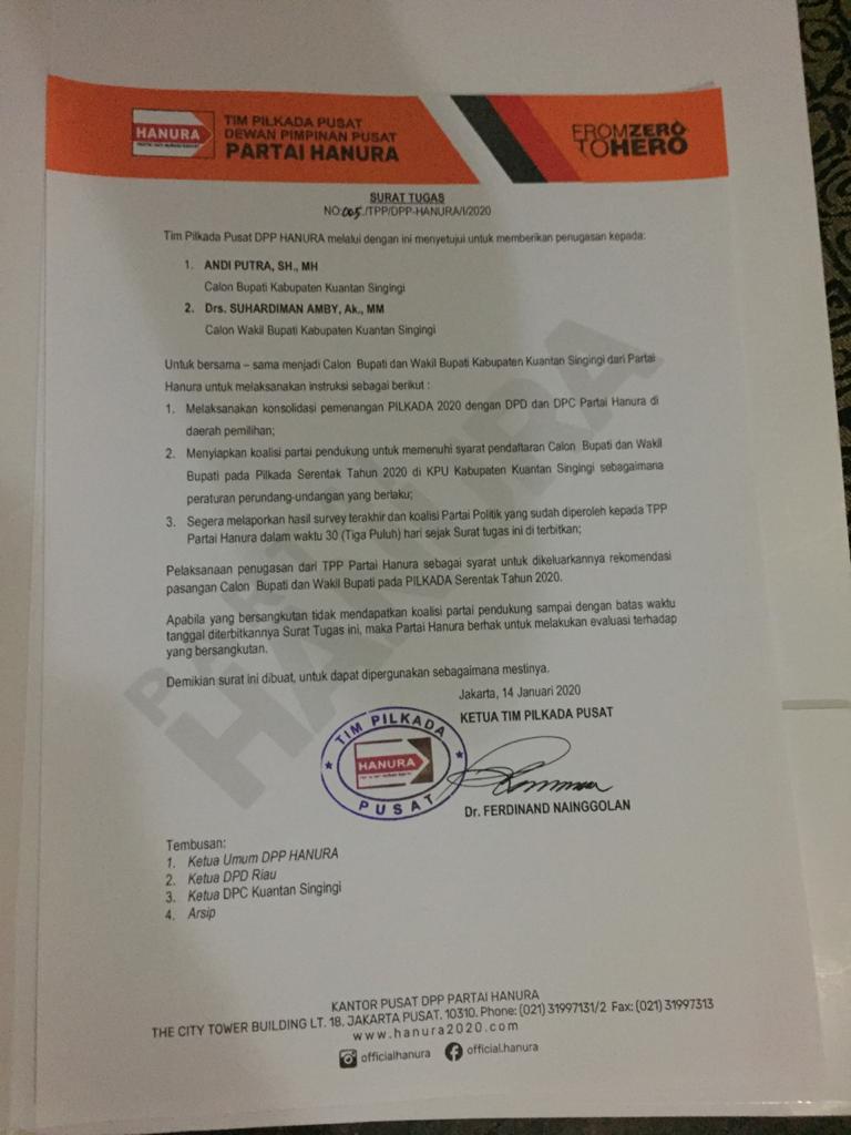 Andi Putra-Suhardiman Terima Rekom dari DPP HANURA