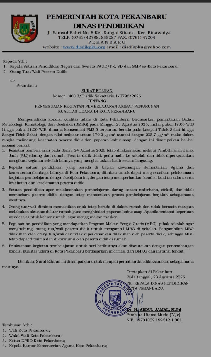 Udara Pekanbaru Tidak Sehat, Pemko Liburkan Sekolah