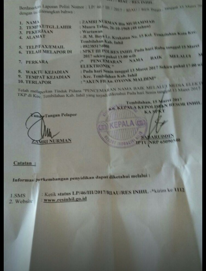 Diduga Lecehkan Wartawan, AWI Laporkan Akun FB bernama Oyonk Maldani ke Polisi 